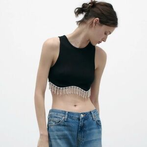 Zara Black Crop Top with Silver Beaded Fringe